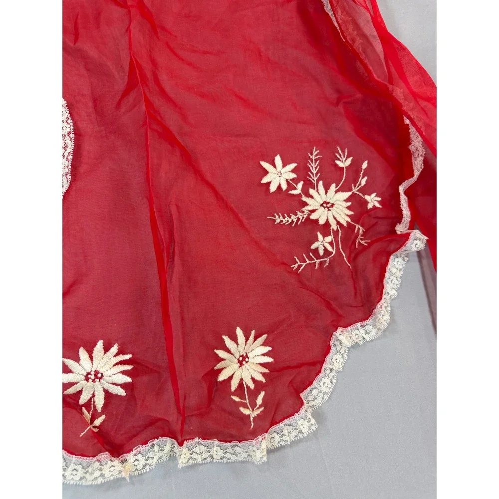 Vintage Red Sheer Organza Half Apron White Floral Embroidery Lace Trim Pocket